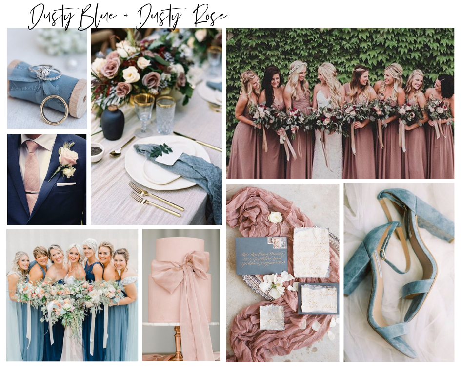 Dusty blue and dusty rose wedding color palette moodboard by Alexa Kay Events. See more wedding color combinations at alexakayevents.com!