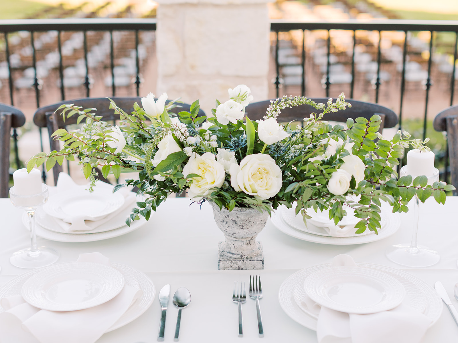 White and greenery wedding centerpiece: Elopement vineyard wedding at Umbra Winery by Alexa Kay Events. See more wedding ideas at alexakayevents.com!