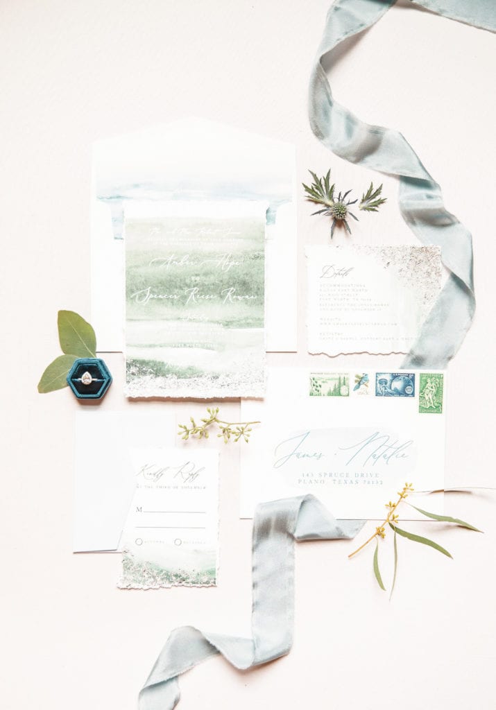Wedding invitation suite: Blue and green wedding inspiration on Alexa Kay Events. See more wedding ideas at alexakayevents.com!