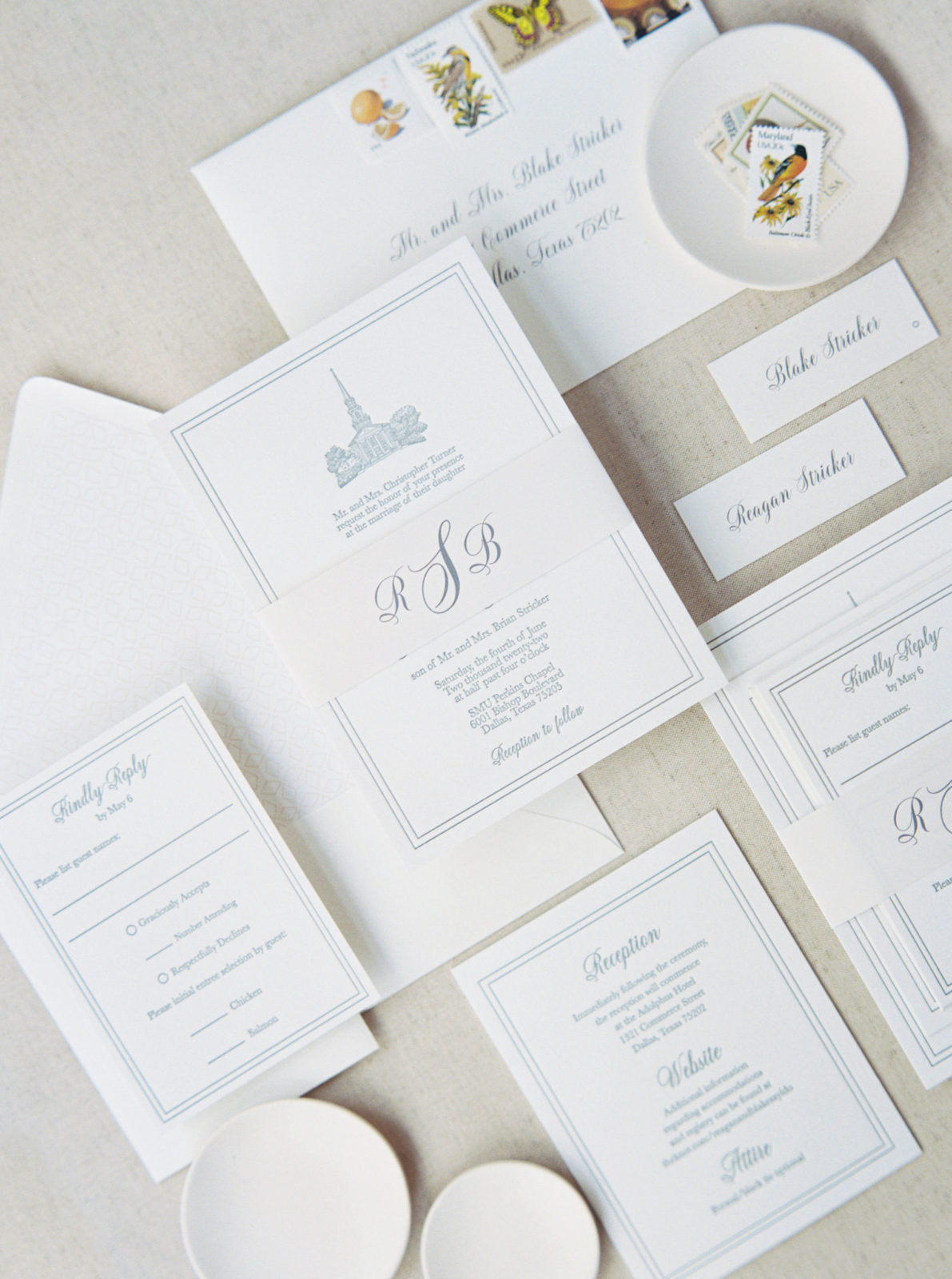 Black and white monogrammed wedding invitation suite