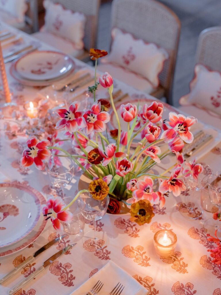 Pink wedding welcome party centerpieces