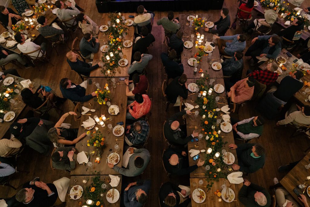 Floral centerpiece at reception of long tables in Park City, Utah