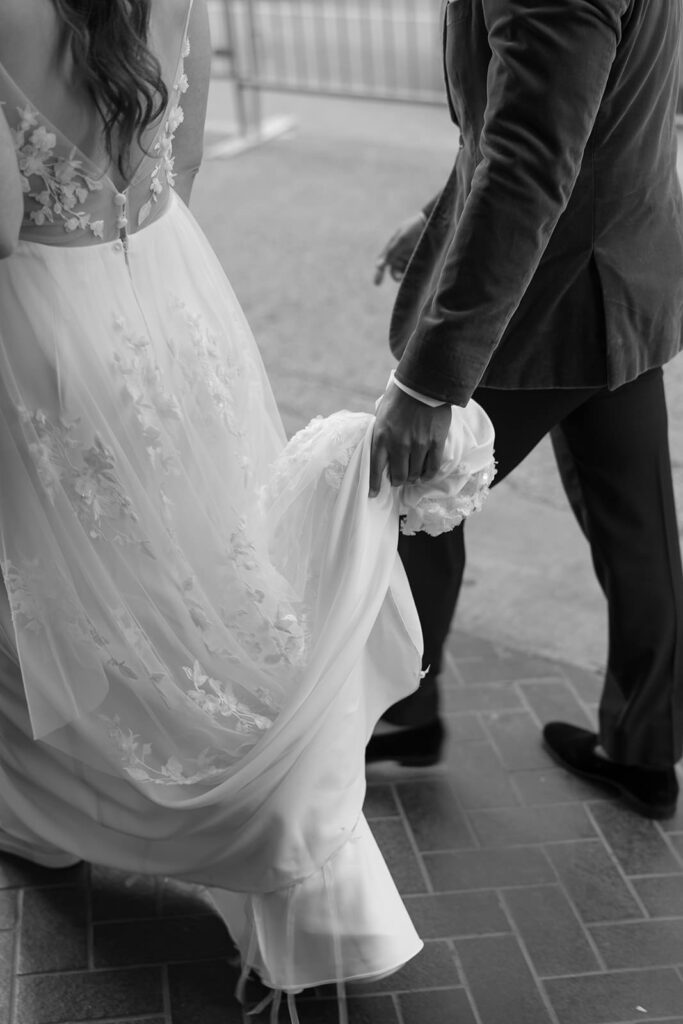 Bride’s gown with floral applique train