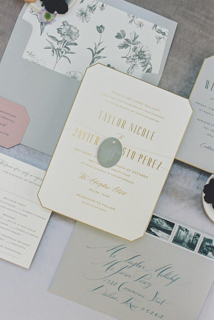 wedding invitation suite with floral liner
