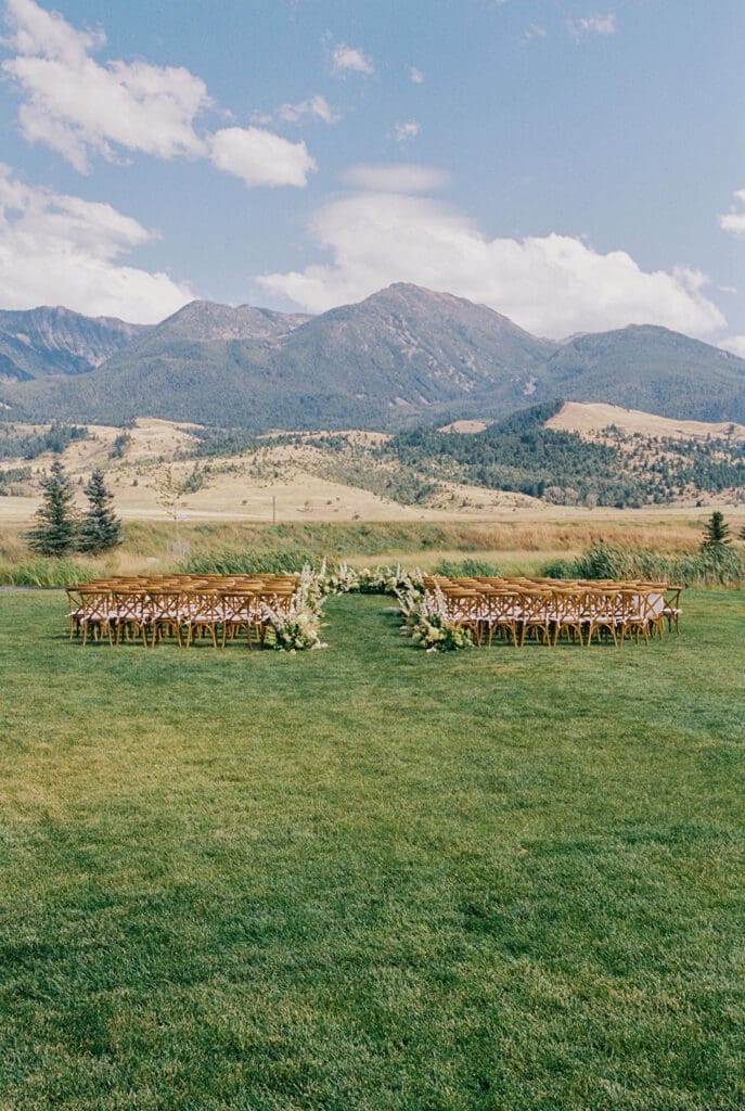 Outdoor Copper Rose Ranch wedding ceremony with mountain views in Paradise Valley