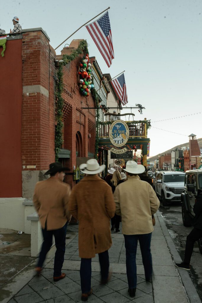 No Name Saloon exterior in Park City during a winter wedding welcome party
