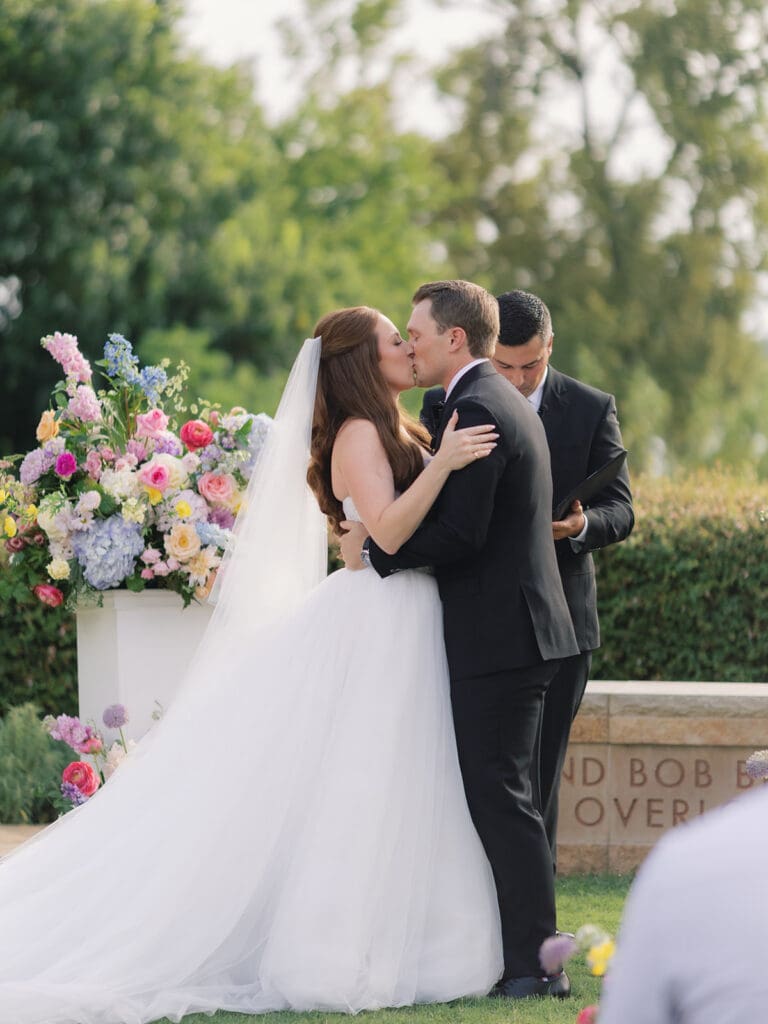 Romantic bride and groom portrait in Dallas Arboretum gardens