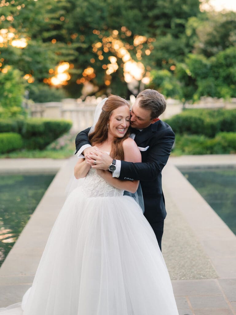 Romantic bride and groom portrait in Dallas Arboretum gardens